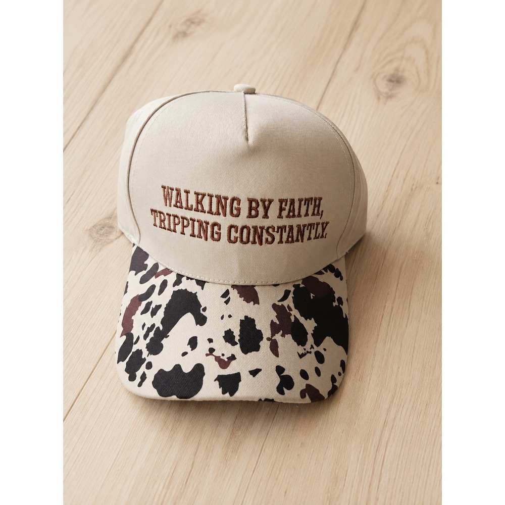 Zenana Walking By Faith Tripping Constantly Cow Print Baseball Cap Hat New